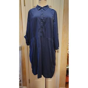 Old Navy Plus Dress 30 Blue Cotton Button Front Collar Roll Tab Sleeves Pockets!